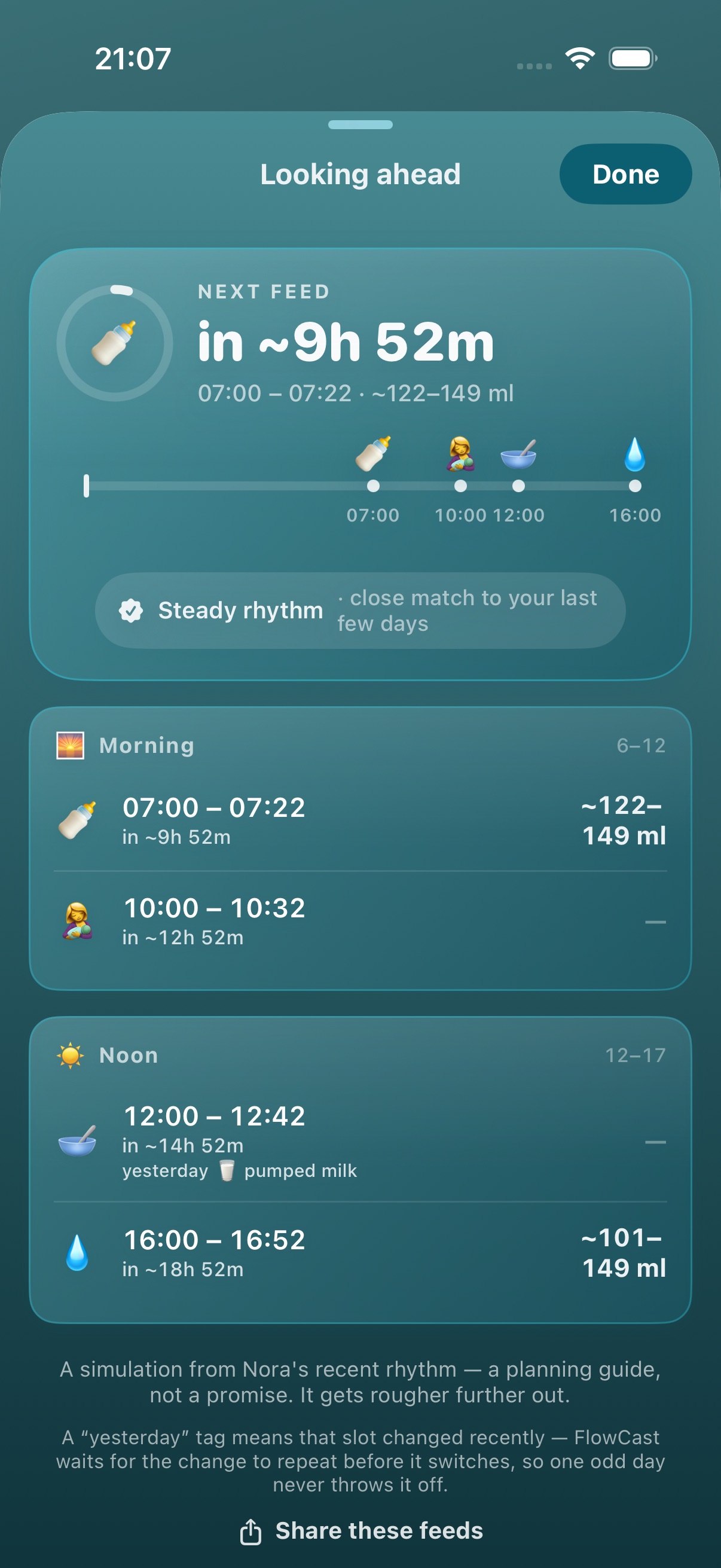 Looking ahead screen: the next feed's time and window, with a calm plan of tomorrow's bottles, nursing and solids on one timeline