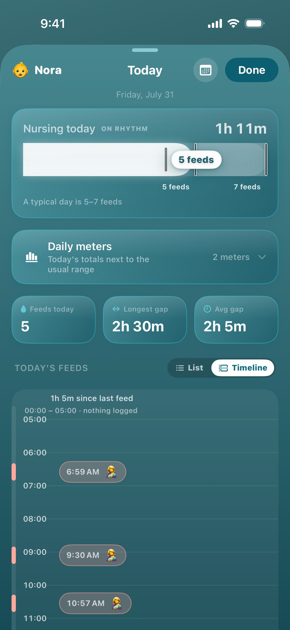 Feed Flow home screen: today's milk total against the baby's own normal range, a live timeline of feeds, and the logging panel with its slider and rotary feed-type wheel