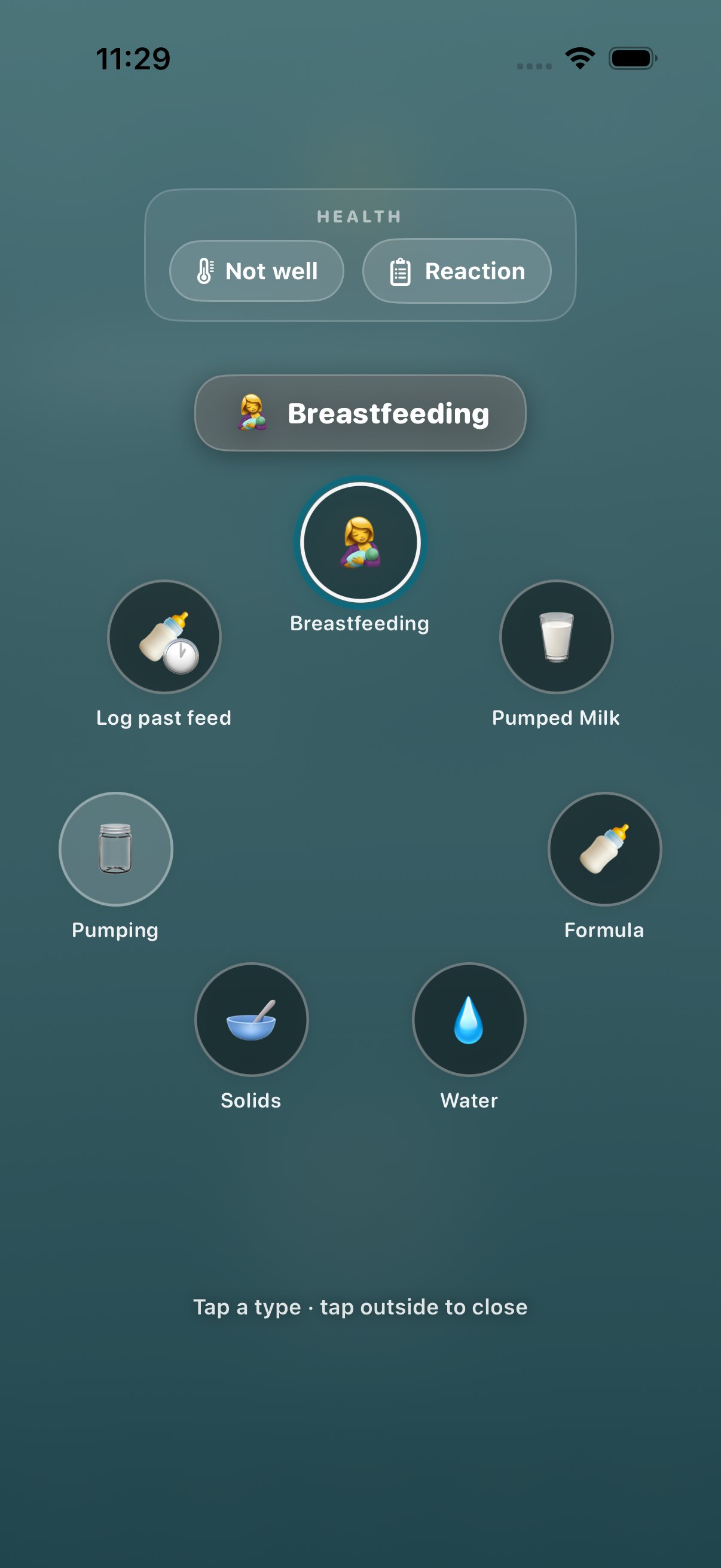 The radial feed-type picker open: breastfeeding, formula, pumping, solids and water, with the one-tap log button at its centre