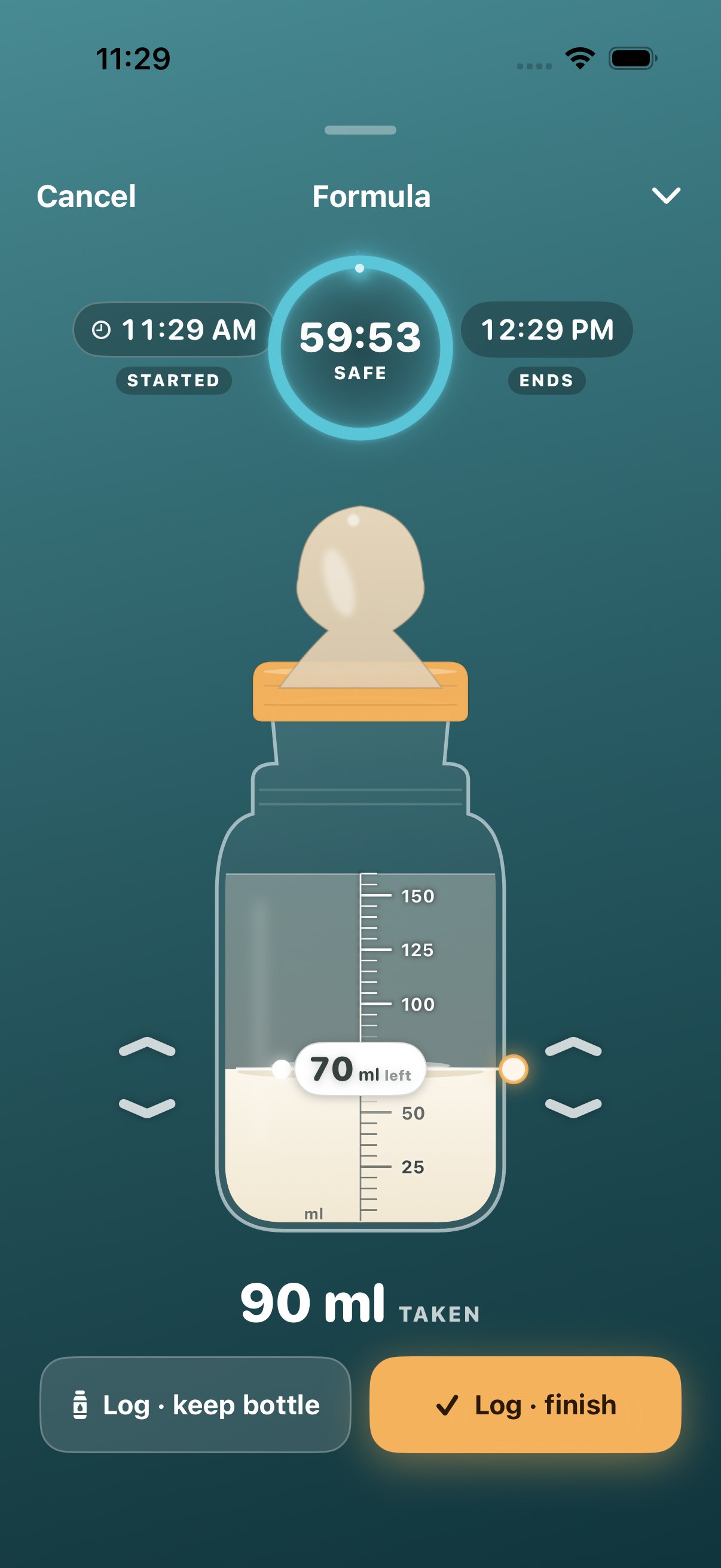 Is that bottle still good? — a live safe-window countdown on a prepared bottle